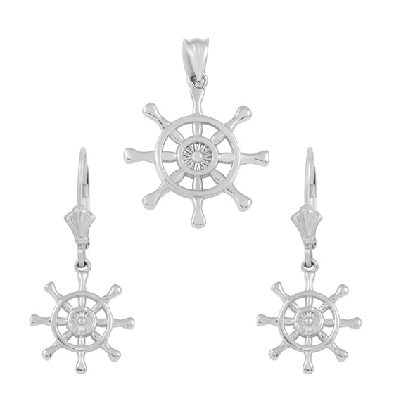 Sterling Silver Nautical Ship Wheel Pendant Necklace Earring Set