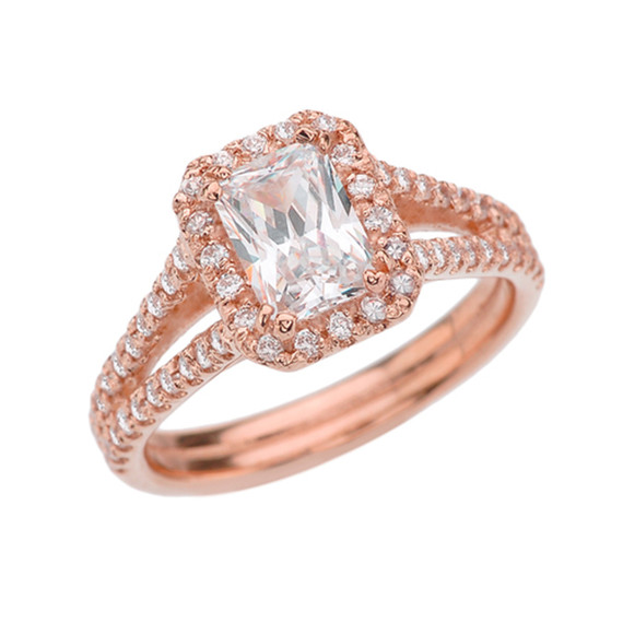 Rose Gold Diamond Emerald Cut Halo Bridal Rings