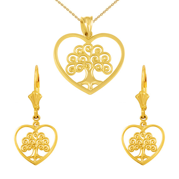 14k Yellow Gold Tree of Life Open Heart Filigree Pendant Necklace Earring Set