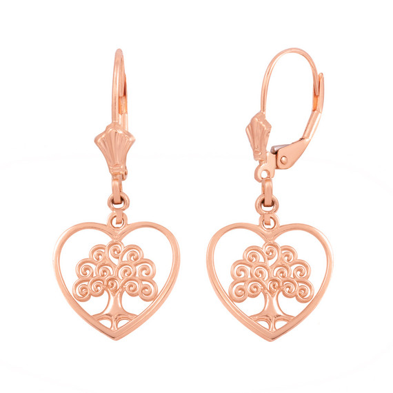 14k Rose Gold Tree of Life Open Heart Filigree Pendant Necklace Earring Set