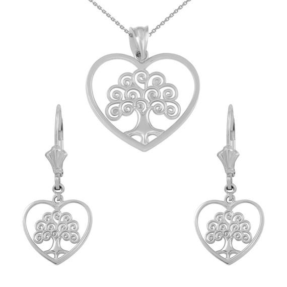 Sterling Silver Tree of Life Open Heart Filigree Pendant Necklace Earring Set