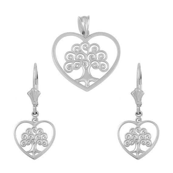 Sterling Silver Tree of Life Open Heart Filigree Pendant Necklace Earring Set