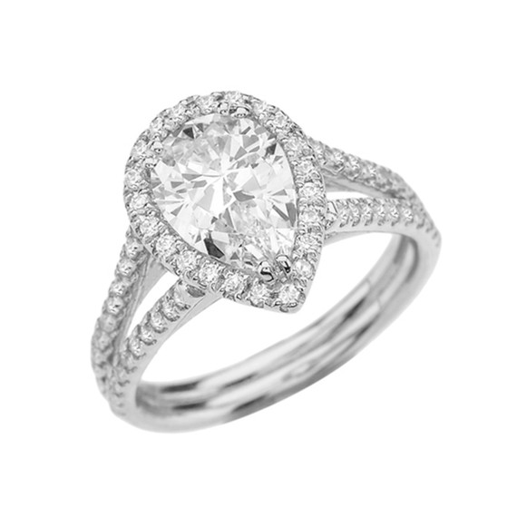 Halo Pear-Shaped Cubic Zirconia Center Engagement Ring in White Gold