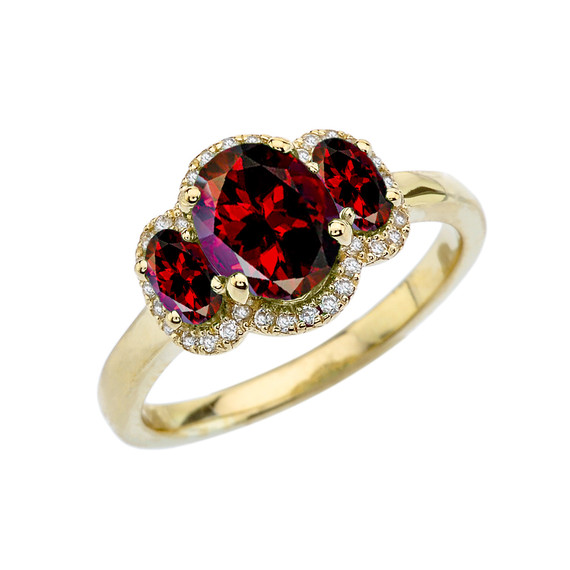 Three-Stone January Birthstone with Diamond Halo Engagement Ring in Yellow Gold