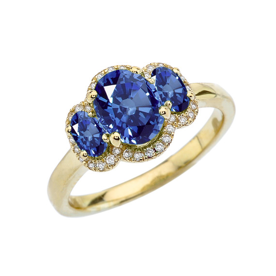 Three-Stone Blue CZ with Diamond Halo Engagement Ring in Yellow Gold