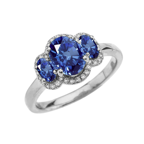 Three-Stone Blue CZ with Diamond Halo Engagement Ring in White Gold