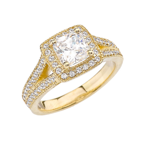 Gold Diamond Halo Princess Cut Engagement/Proposal Ring With Cubic Zirconia Center Stone