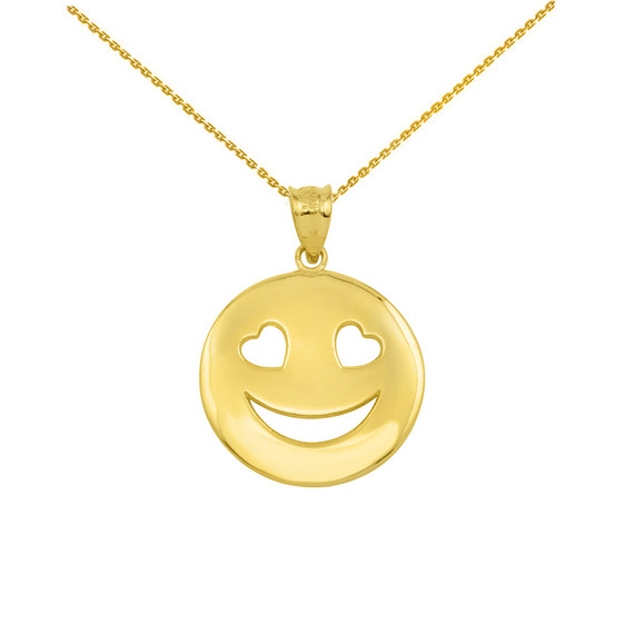 Yellow Gold Heart Eyes Smiley Face Pendant Necklace