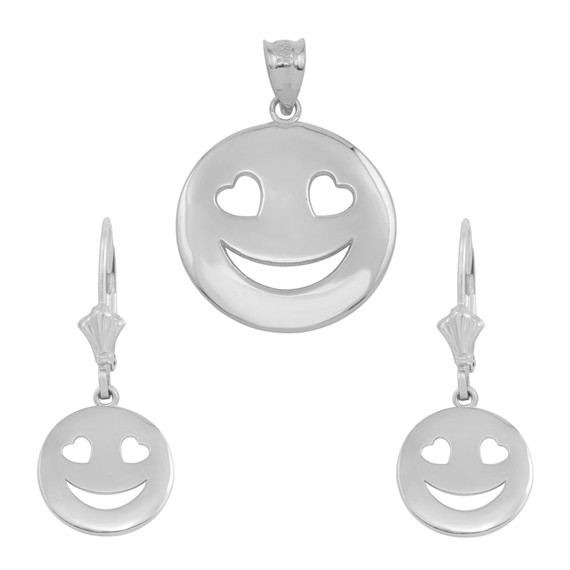 Sterling Silver Heart Eyes Smiley Face Pendant Necklace Earring Set