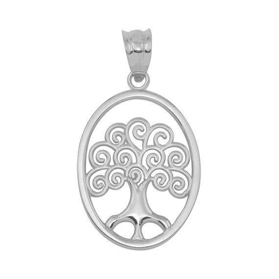 White Gold Tree of Life Filigree Swirl Celtic Pendant Necklace