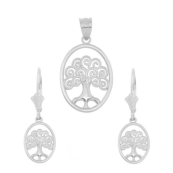 14K White Gold Tree of Life Filigree Swirl Celtic Pendant Necklace Earring Set