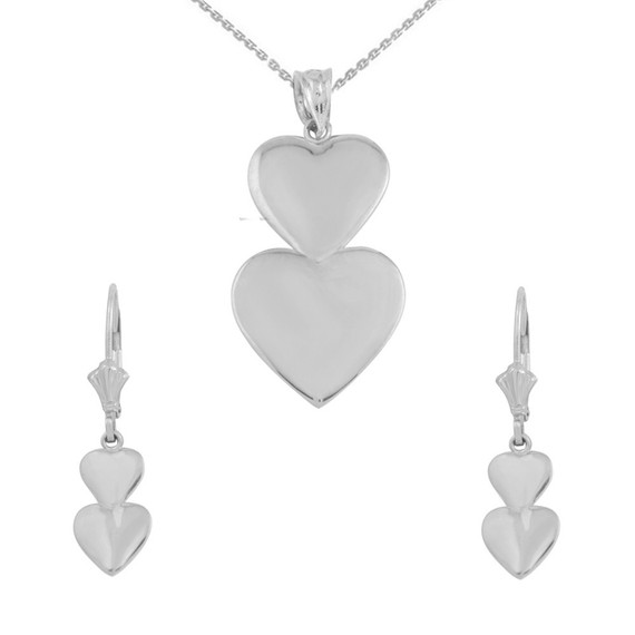 14K Solid Gold Two Stacked Hearts Love Pendant Necklace Earring Set(Available in Yellow/Rose/White Gold)