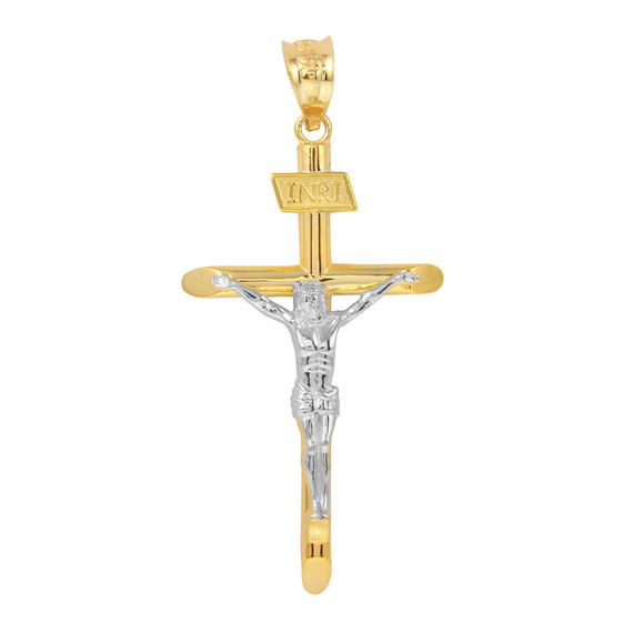 Solid Two Tone Yellow Gold and White Gold INRI Cross Pendant Necklace ( 1.60")