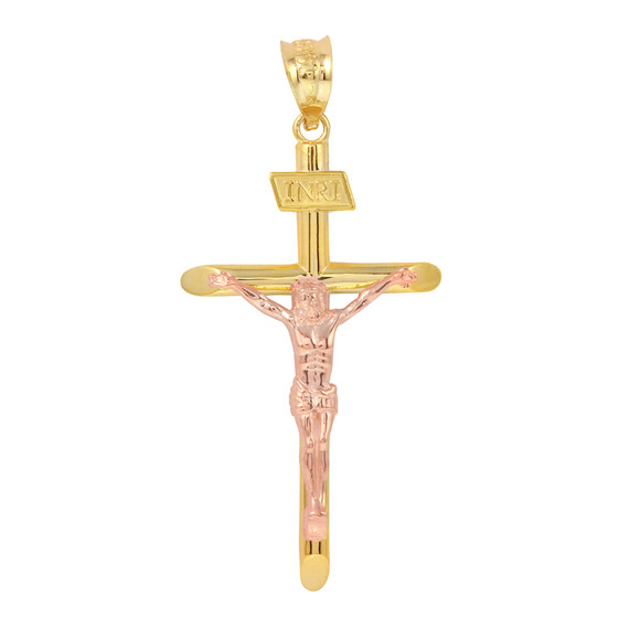 Solid Two Tone Yellow Gold and Rose Gold INRI Cross Pendant Necklace ( 1.39")