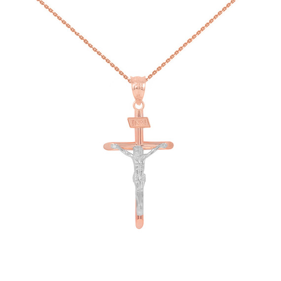 Solid Two Tone Rose Gold and White Gold INRI Cross Pendant Necklace ( 1.39")