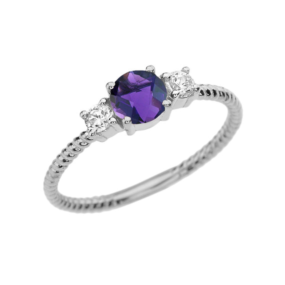 Dainty White Gold Amethyst and White Topaz Rope Design Engagement/Promise Ring
