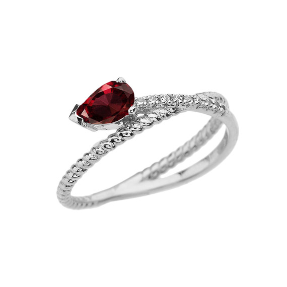 White Gold Criss-Cross Garnet Rope and Diamonds Designer Ring