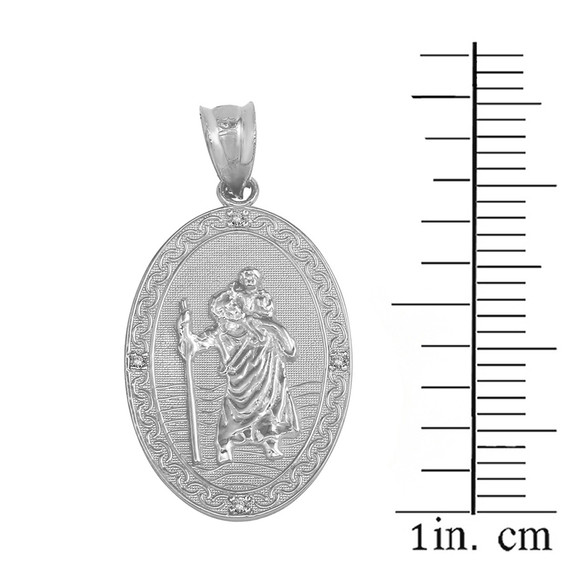 Solid White Gold Saint Christopher Medallion Diamond Pendant Necklace ( 1")