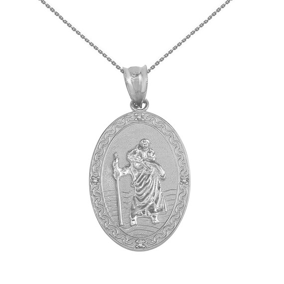 Solid White Gold Saint Christopher Medallion Diamond Pendant Necklace ( 1")