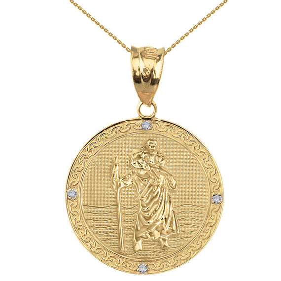 Solid Yellow Gold Saint Christopher Medallion Circle Diamond Pendant Necklace ( 1.16")