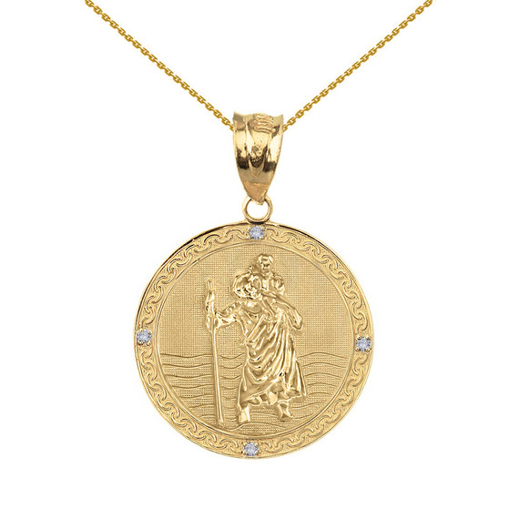 Solid Yellow Gold Saint Christopher Medallion Circle Diamond Pendant Necklace ( 1")