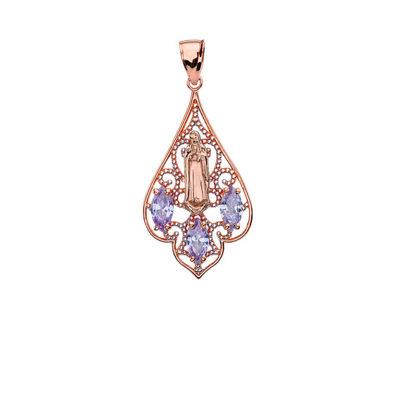 Rose Gold Our Lady of Guadalupe Filigree Tri-Tone Pendant Necklace With Lavender CZ