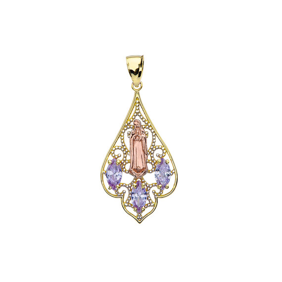 Yellow Gold Our Lady of Guadalupe Filigree Tri-Tone Pendant Necklace With Lavender CZ