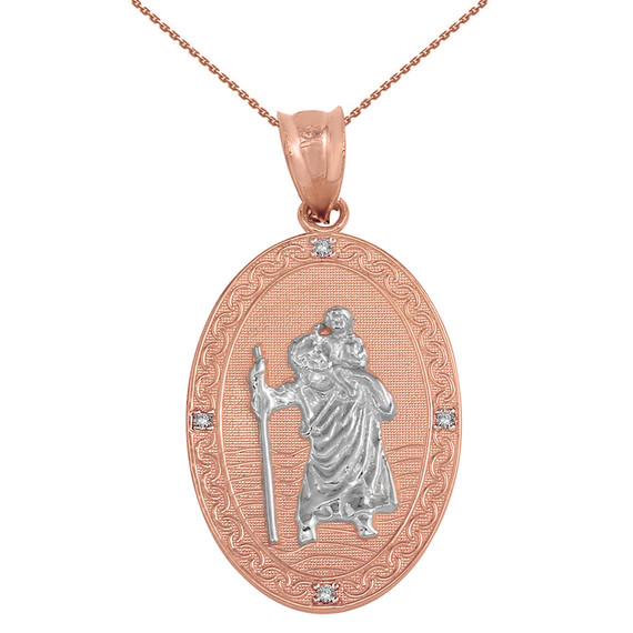 Solid Rose Gold Two Tone Saint Christopher Medallion Diamond Pendant Necklace ( 1.12")