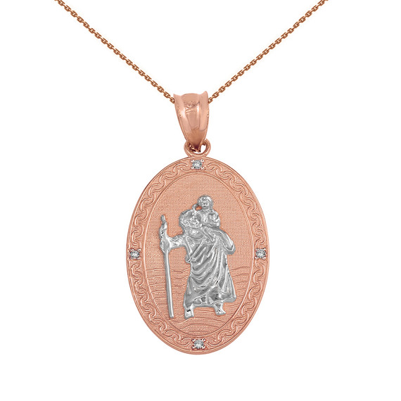 Solid Rose Gold Two Tone Saint Christopher Medallion Diamond  Pendant Necklace ( 1")