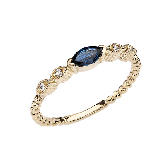 Sapphire and Diamond Marquise Cut Engagement/Proposal Beaded Ring in Yellow Gold