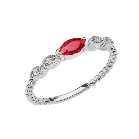 Ruby and Diamond Marquise Cut Engagement/Proposal Beaded Ring in White Gold