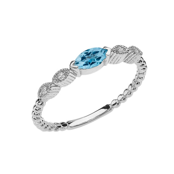 Blue Topaz and Diamond Marquise Cut Engagement/Proposal Beaded Ring in White Gold