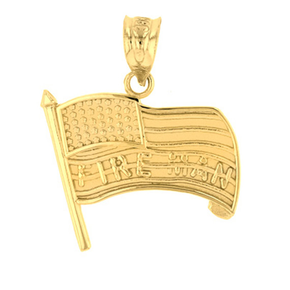 Yellow Gold Fire Man American Flag Pendant Necklace