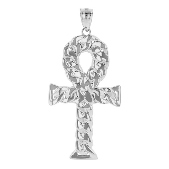 Sterling Silver Textured Ankh Egyptian Cross Pendant Necklace