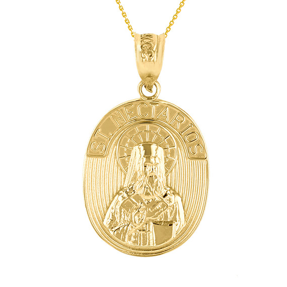 Yellow Gold Saint Nectarios of Aegina Greek Orthodox Engravable Pendant Necklace