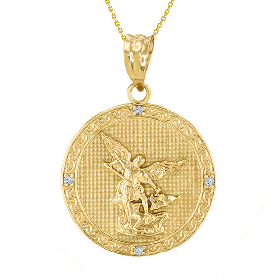 Yellow Gold St Michael Archangel Diamond Pendant Necklace ( 1.14" )