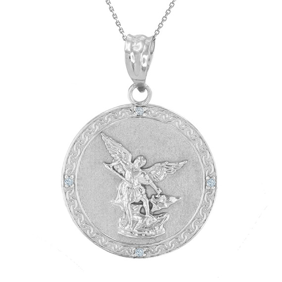 White Gold St Michael Archangel Diamond Pendant Necklace ( 1.14" )