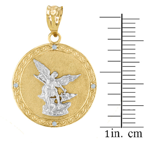 Two Tone Yellow Gold St Michael Archangel Diamond Pendant Necklace ( 1.14" )