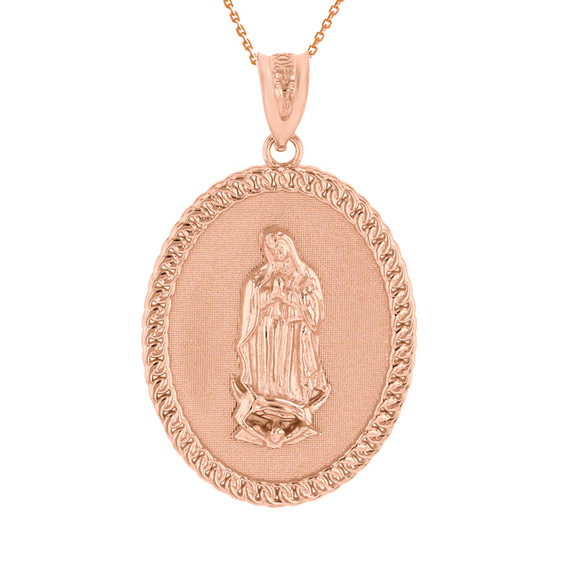 Solid Gold Cuban Link Framed  Virgen de Guadalupe Oval Medallion Pendant Necklace  (1.29")