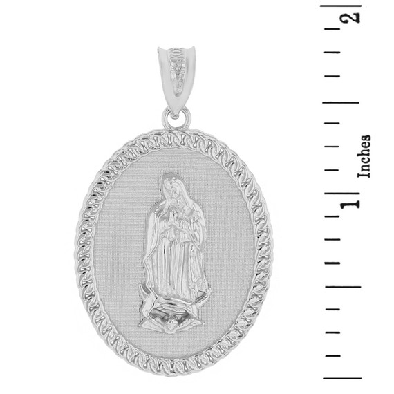 Sterling Silver Cuban Link Framed  Virgen de Guadalupe Oval Medallion Pendant Necklace  (1.29")