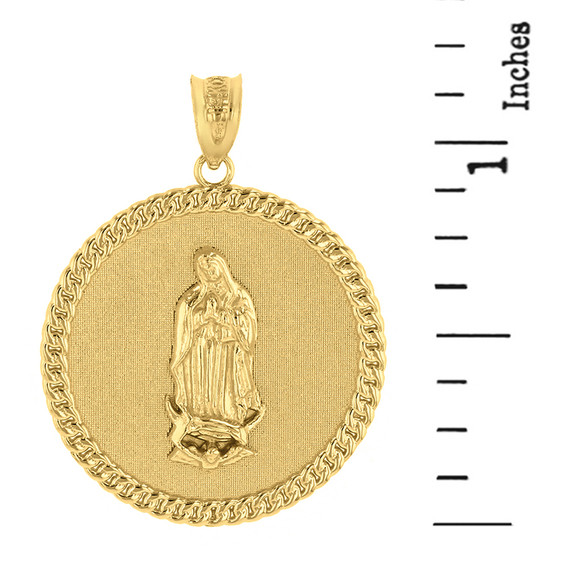 Solid Yellow Gold Cuban Link Framed Virgen de Guadalupe Circle Medallion Pendant Necklace (1.18")