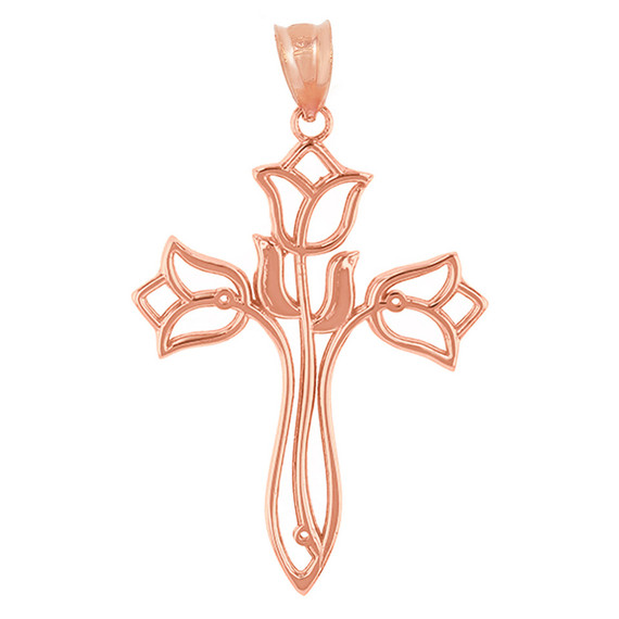Solid Yellow Gold Floral Tulip Cross Filigree Pendant Necklace
