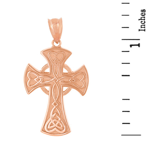 Solid Rose Gold Celtic Knot Halo Cross Woven Hearts Pendant Necklace
