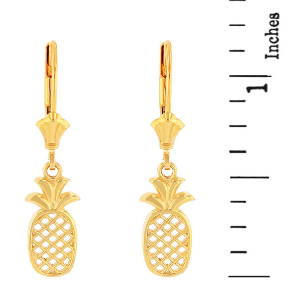 14K Solid Yellow Gold Pineapple Pendant Earring Set