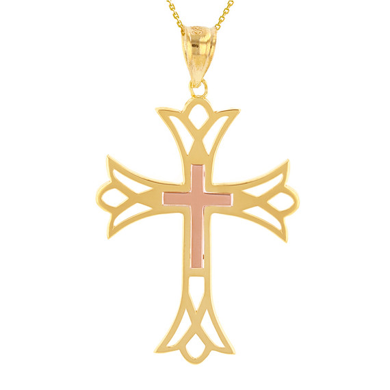 Two Tone Solid Yellow & Rose Gold Layered Cutout Cross Pendant Necklace  (1.82")