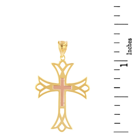 Two Tone Solid Yellow & Rose Gold Layered Cutout Cross Pendant Necklace  ( 1.27")