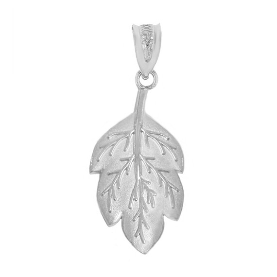 Solid White Gold Matte Detailed Textured Leaf Pendant Necklace