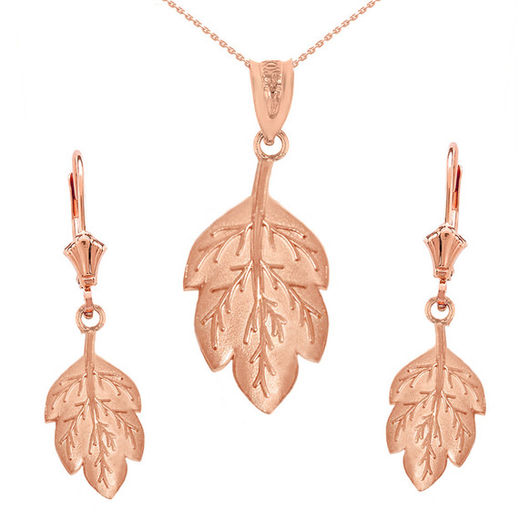 14K Solid Gold Matte Detailed Textured Leaf Pendant Earring Set(Available In Yellow/Rose/White Gold)