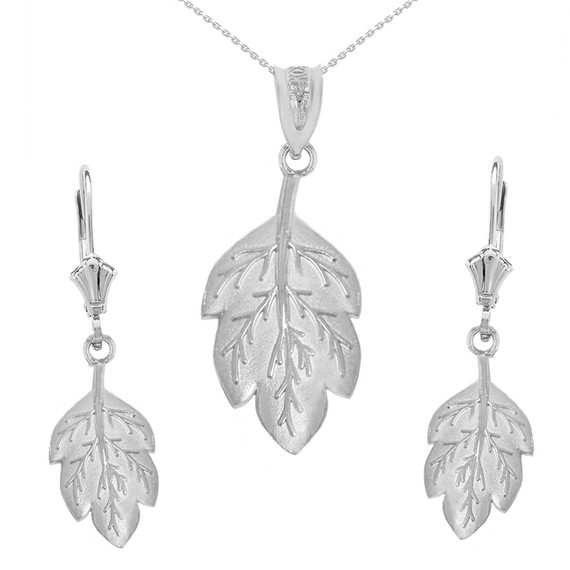 Sterling Silver Matte Detailed Textured Leaf Pendant Earring Set