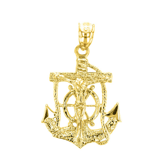 Yellow Gold Mariners Anchor Crucifix Pendant Necklace
